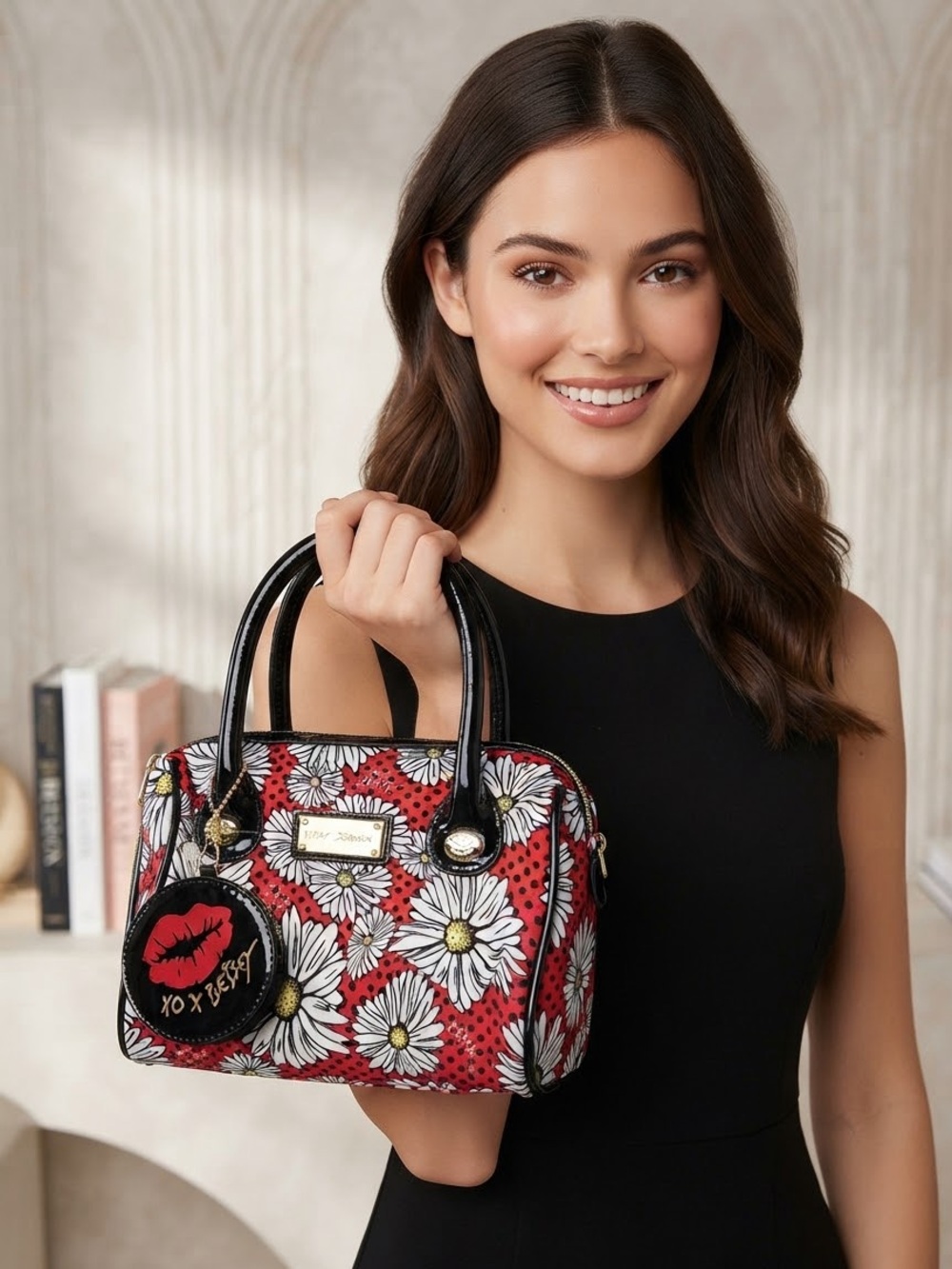 Vintage Betsey Johnson Daisy Print Red Satchel handbag purse with makeup bag Set